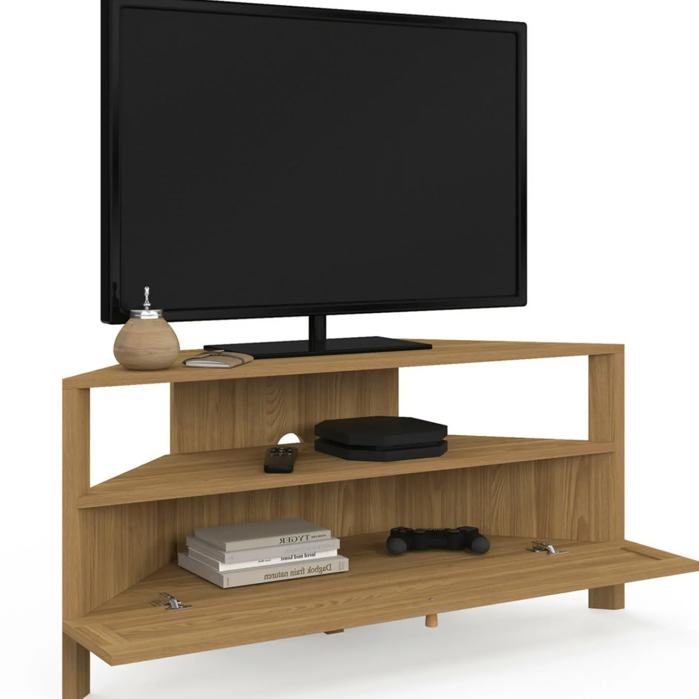 Meuble TV 100 cm d'angle 1 porte effet naturel cannage