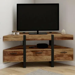 Meuble TV 110 cm d'angle bois pied épingle avec tiroirs