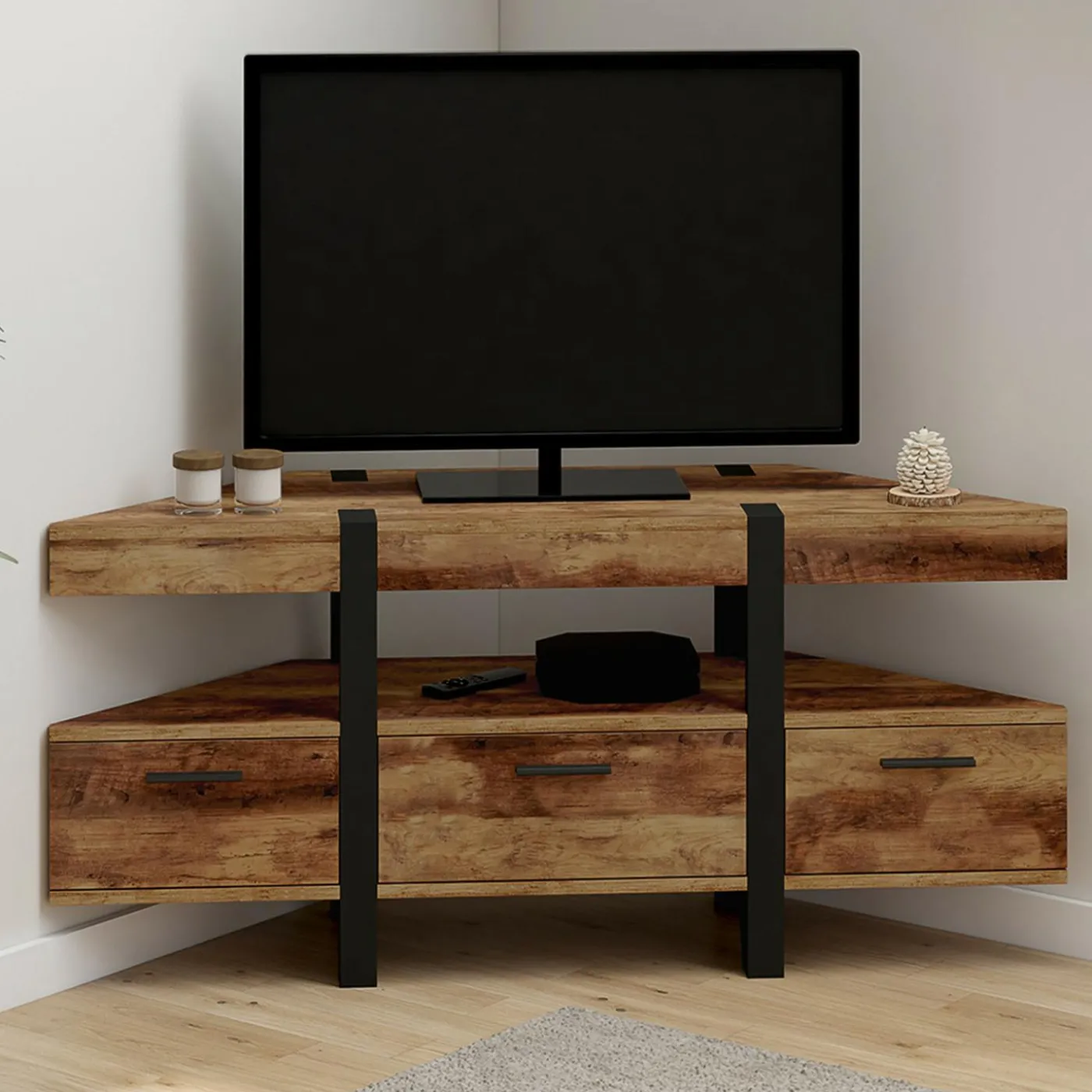 Meuble TV 110 cm d'angle bois pied épingle avec tiroirs