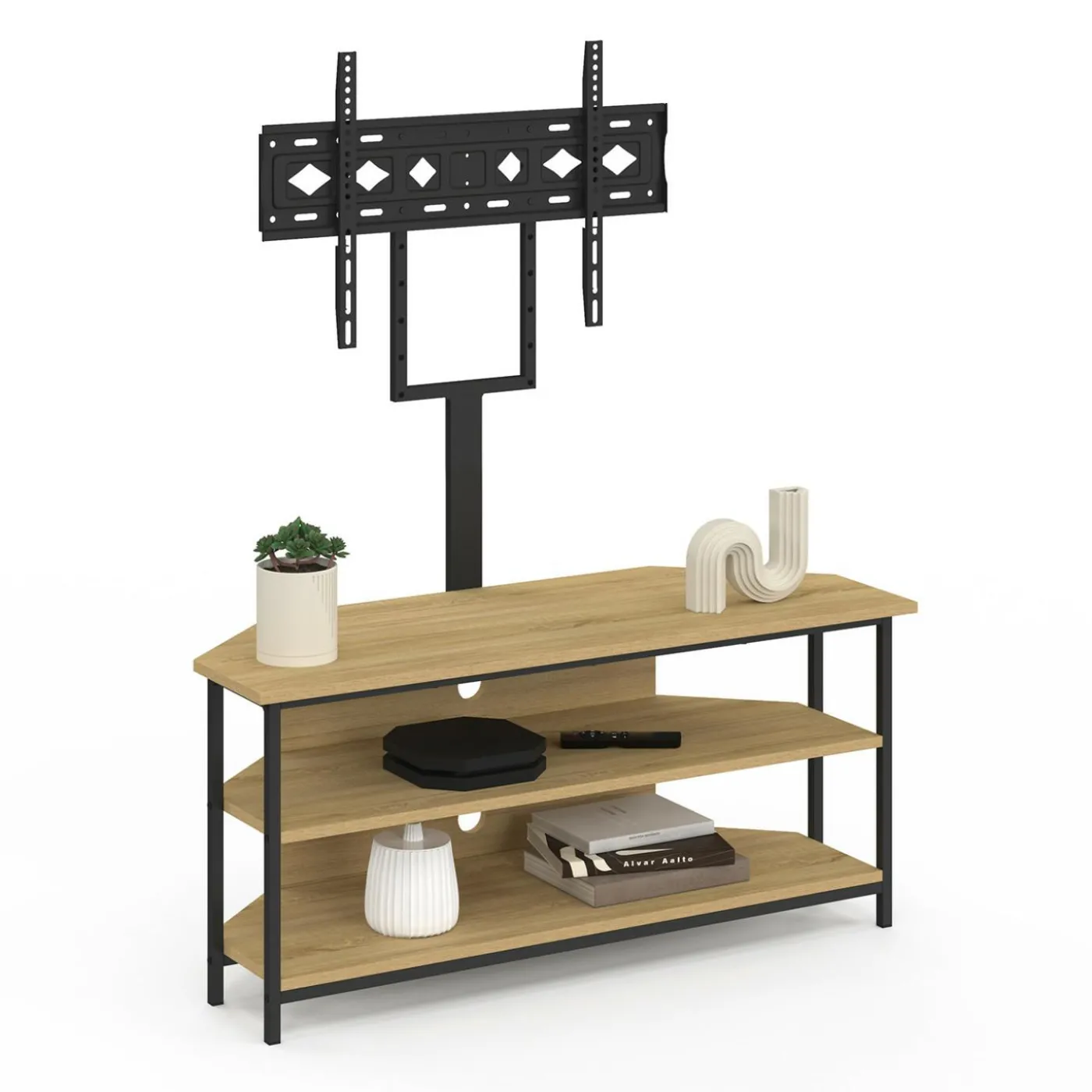 Meuble TV 100 cm d'angle design industriel avec étagères et support TV réglable de 32 à 70 pouces
