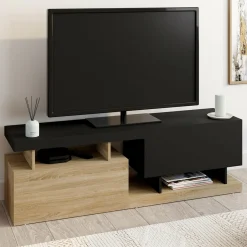 Meuble TV 140 cm double-portes effet bois et noir