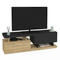 Meuble TV 140 cm double-portes effet bois et noir