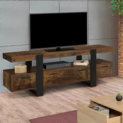 Meuble TV 140 cm noir et bois effet vieilli avec rangement