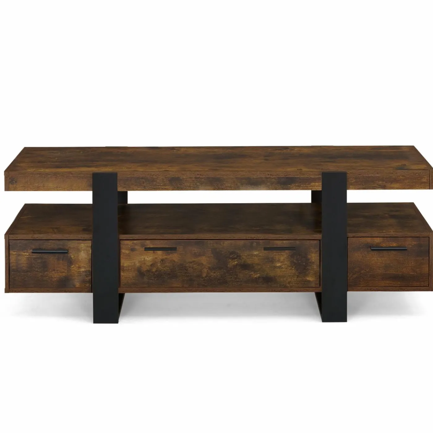Meuble TV 140 cm noir et bois effet vieilli avec rangement