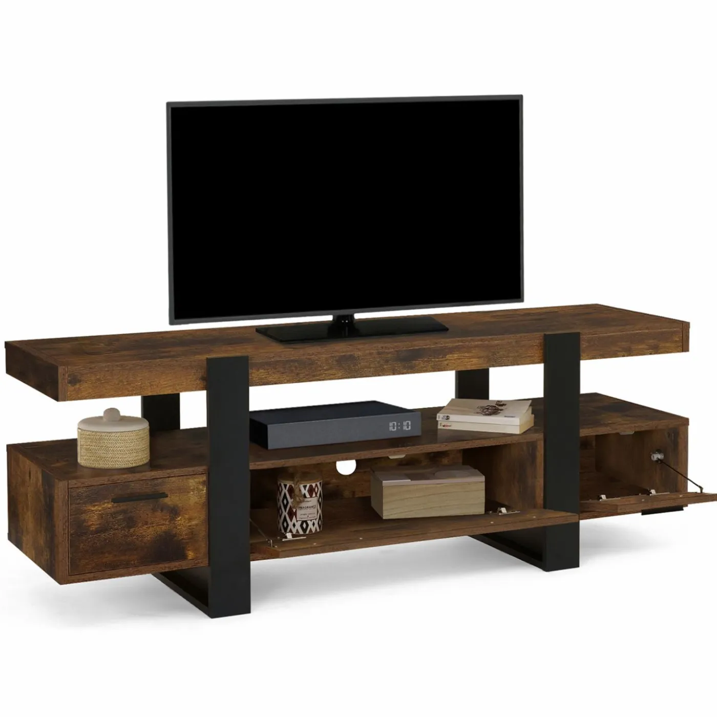 Meuble TV 140 cm noir et bois effet vieilli avec rangement