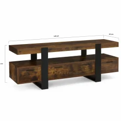 Meuble TV 140 cm noir et bois effet vieilli avec rangement
