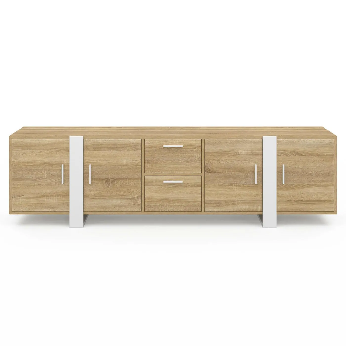 Meuble TV 180 cm PHOENIX 4 portes + 2 tiroirs bois et blanc