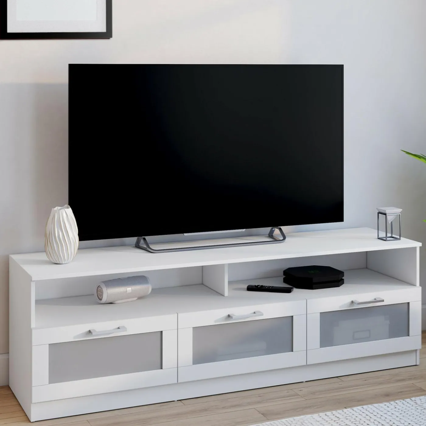 Meuble tv 140 cm portes givrées blanc