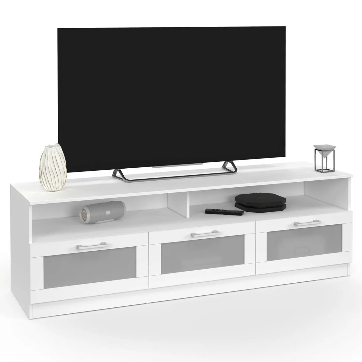 Meuble tv 140 cm portes givrées blanc