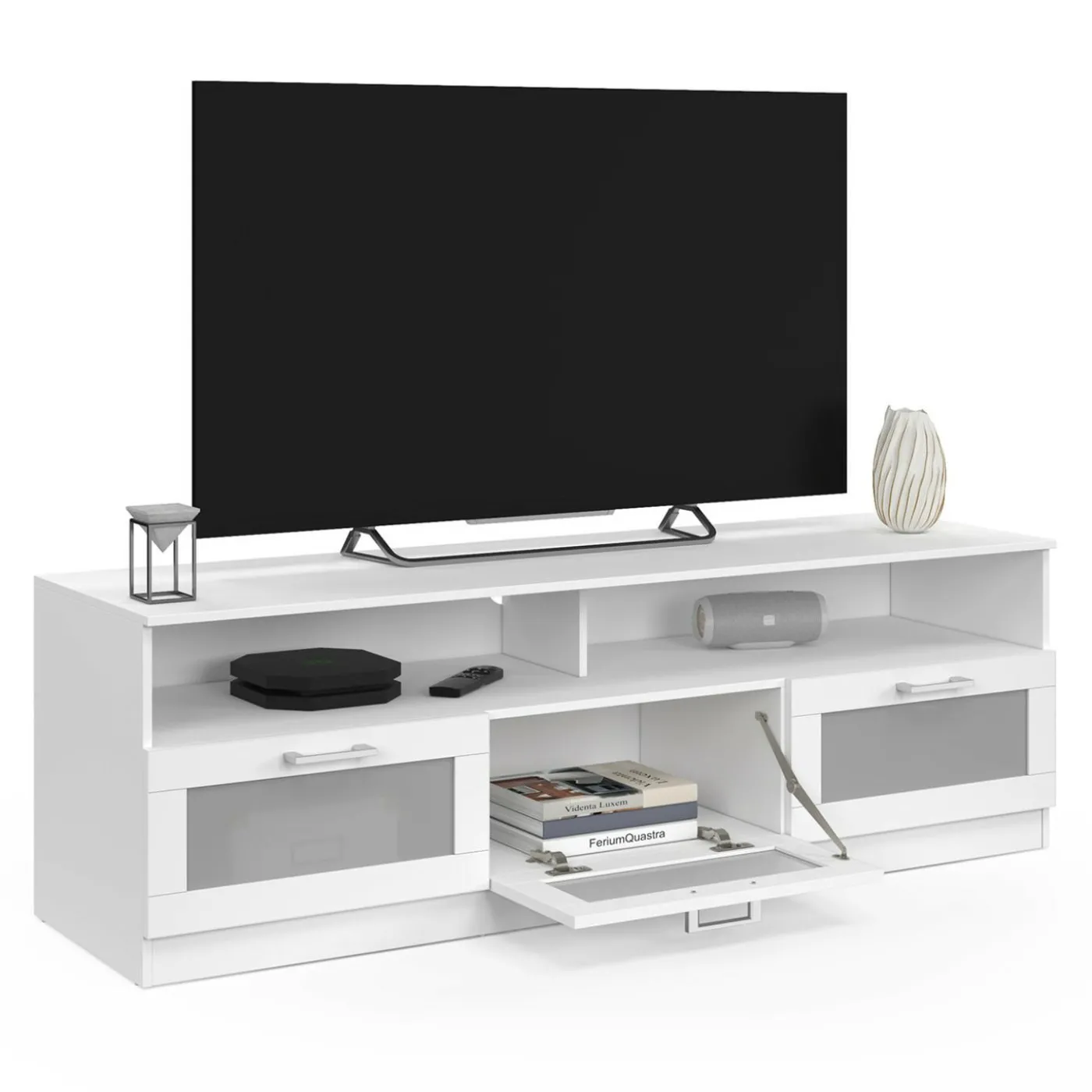 Meuble tv 140 cm portes givrées blanc