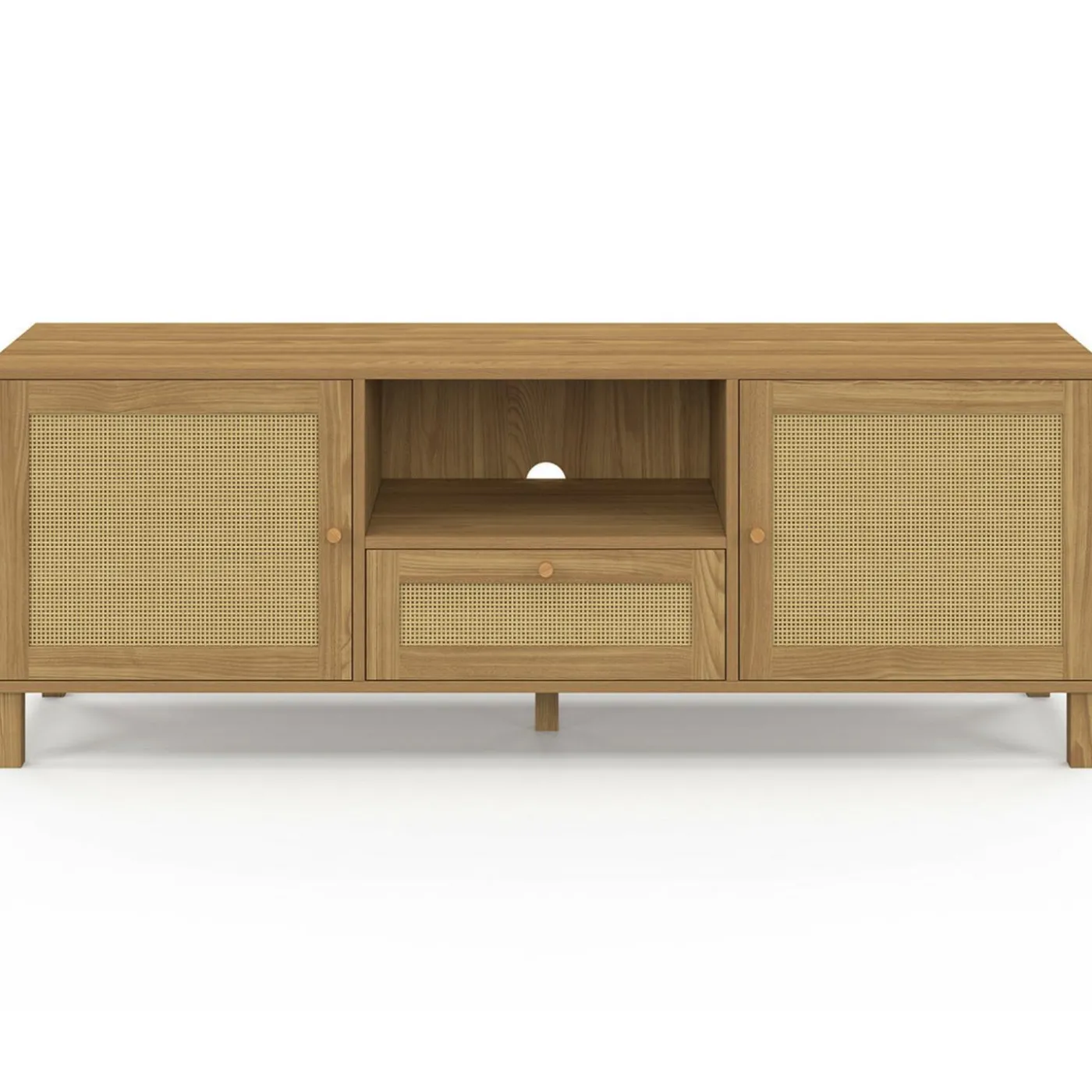 Meuble TV 140 cm vintage 3 portes effet naturel cannage