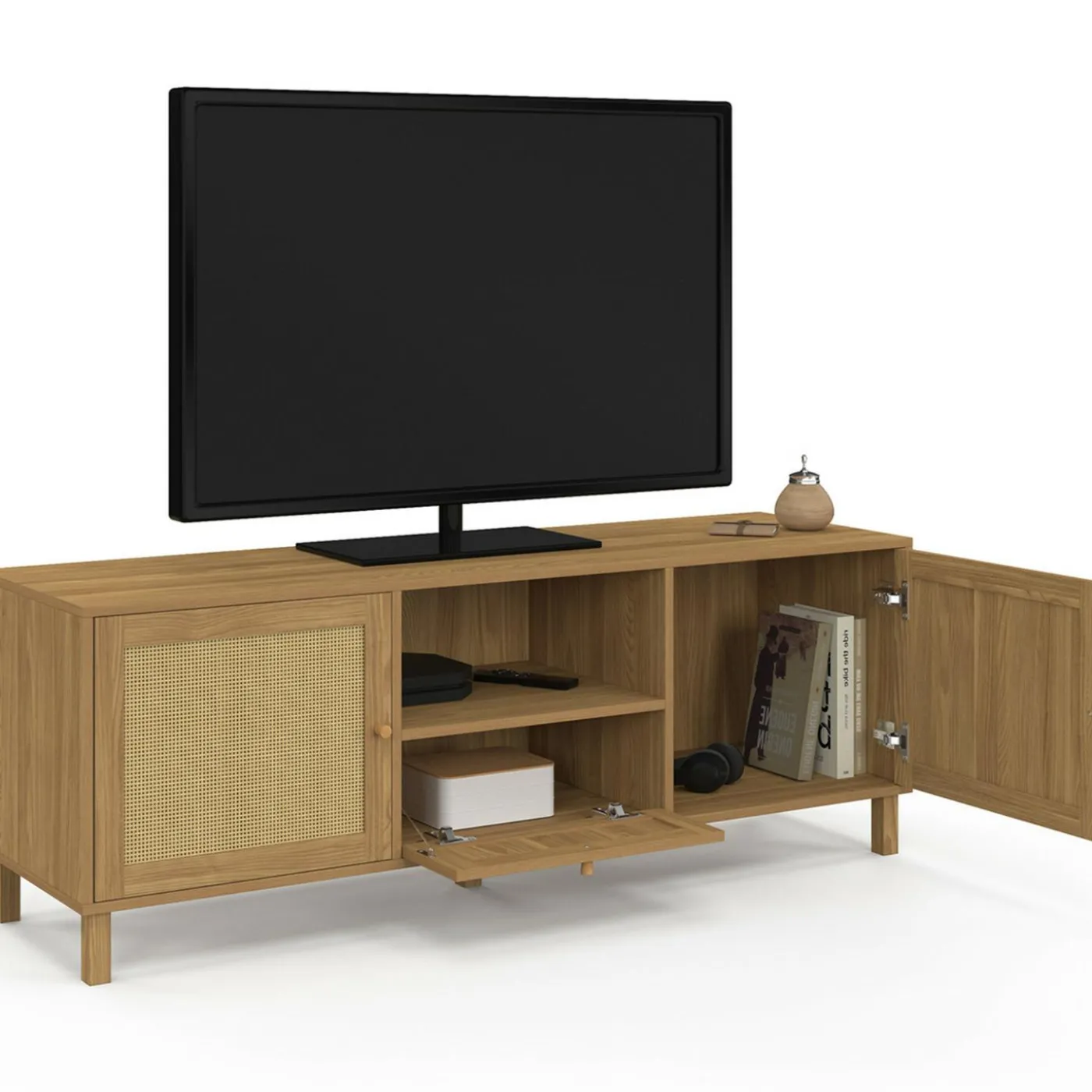 Meuble TV 140 cm vintage 3 portes effet naturel cannage