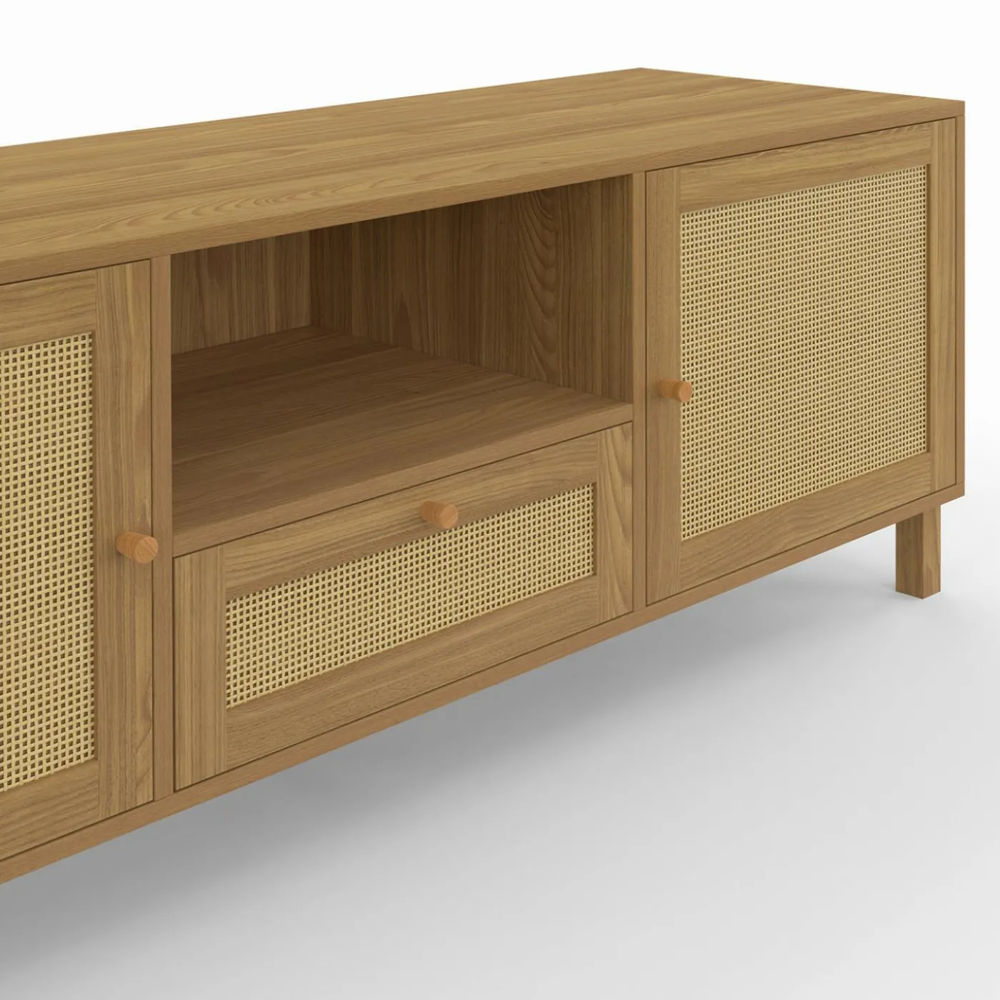 Meuble TV 140 cm vintage 3 portes effet naturel cannage