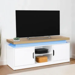 Meuble TV à LEDS blanc et bois avec 2 portes 110 cm