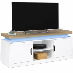 Meuble TV à LEDS blanc et bois avec 2 portes 110 cm