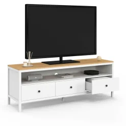 Meuble TV 3 tiroirs blanc et plateau bois 140 cm
