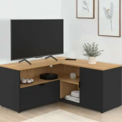 Meuble TV 90 x 90 cm d'angle façon hêtre et noir