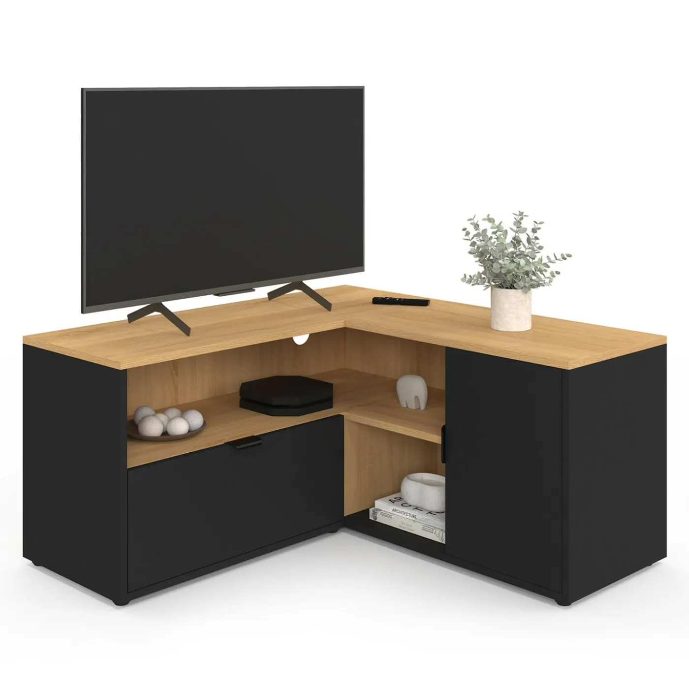 Meuble TV 90 x 90 cm d'angle façon hêtre et noir