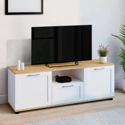Meuble TV blanc et bois 110 cm avec tiroir et niche
