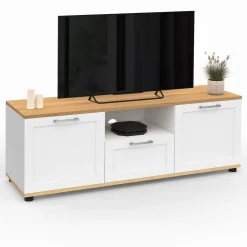 Meuble TV blanc et bois 110 cm avec tiroir et niche
