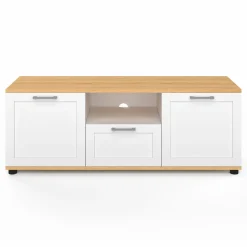 Meuble TV blanc et bois 110 cm avec tiroir et niche