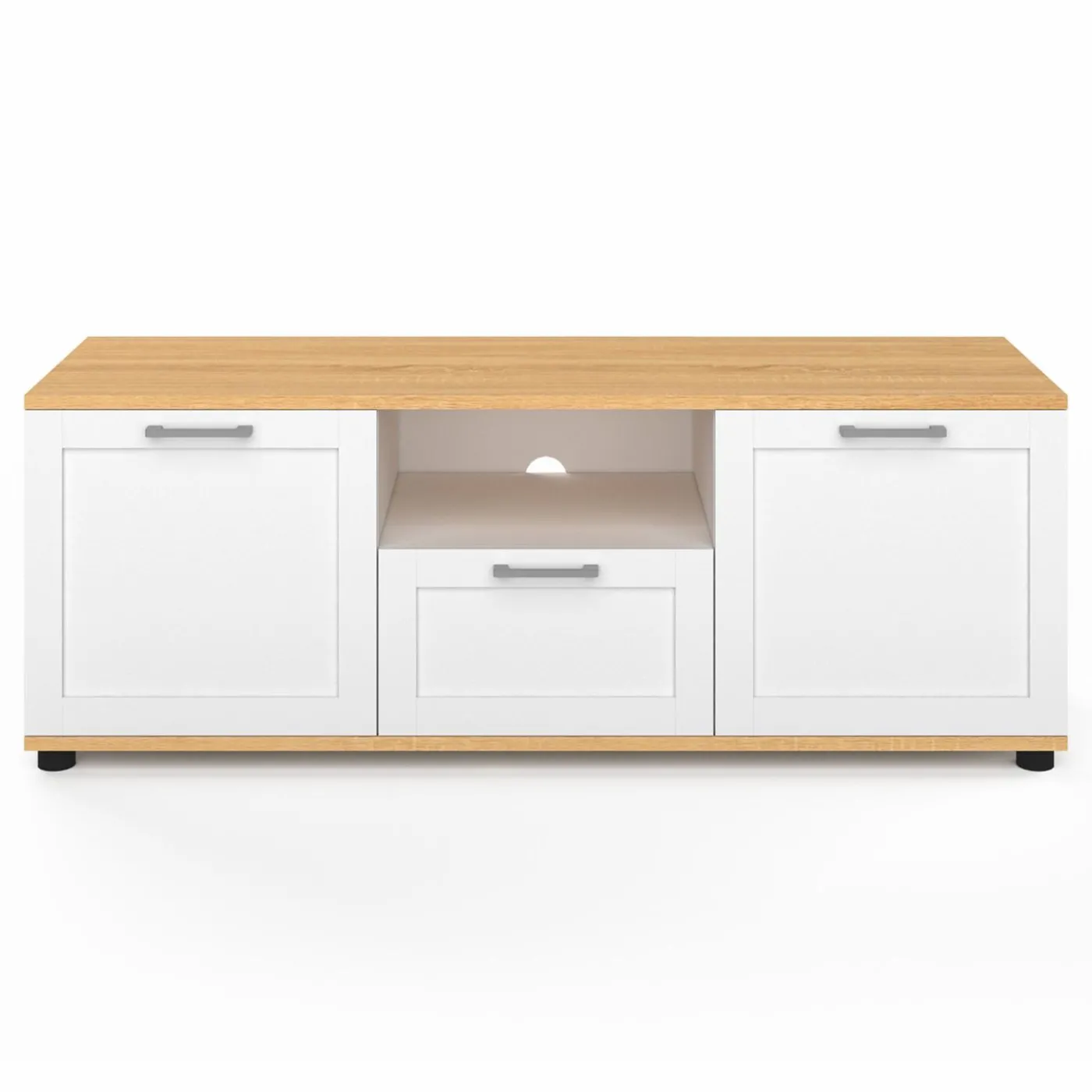Meuble TV blanc et bois 110 cm avec tiroir et niche