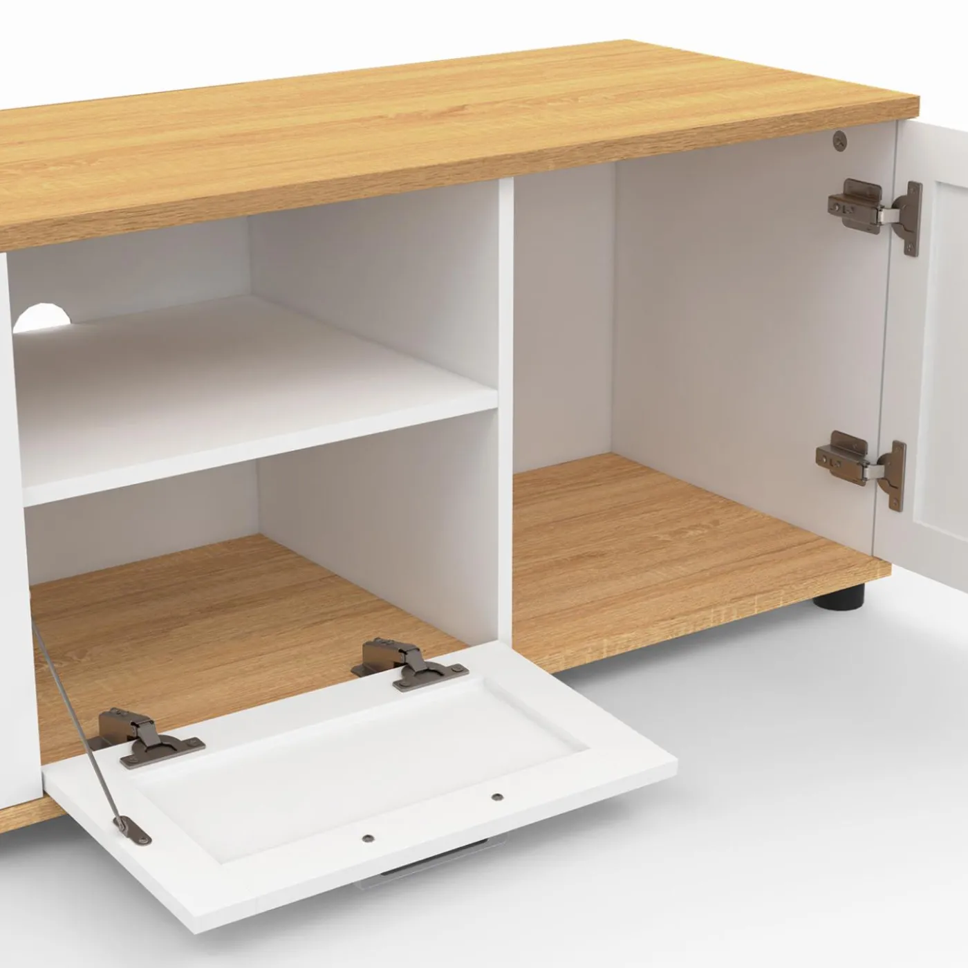Meuble TV blanc et bois 110 cm avec tiroir et niche