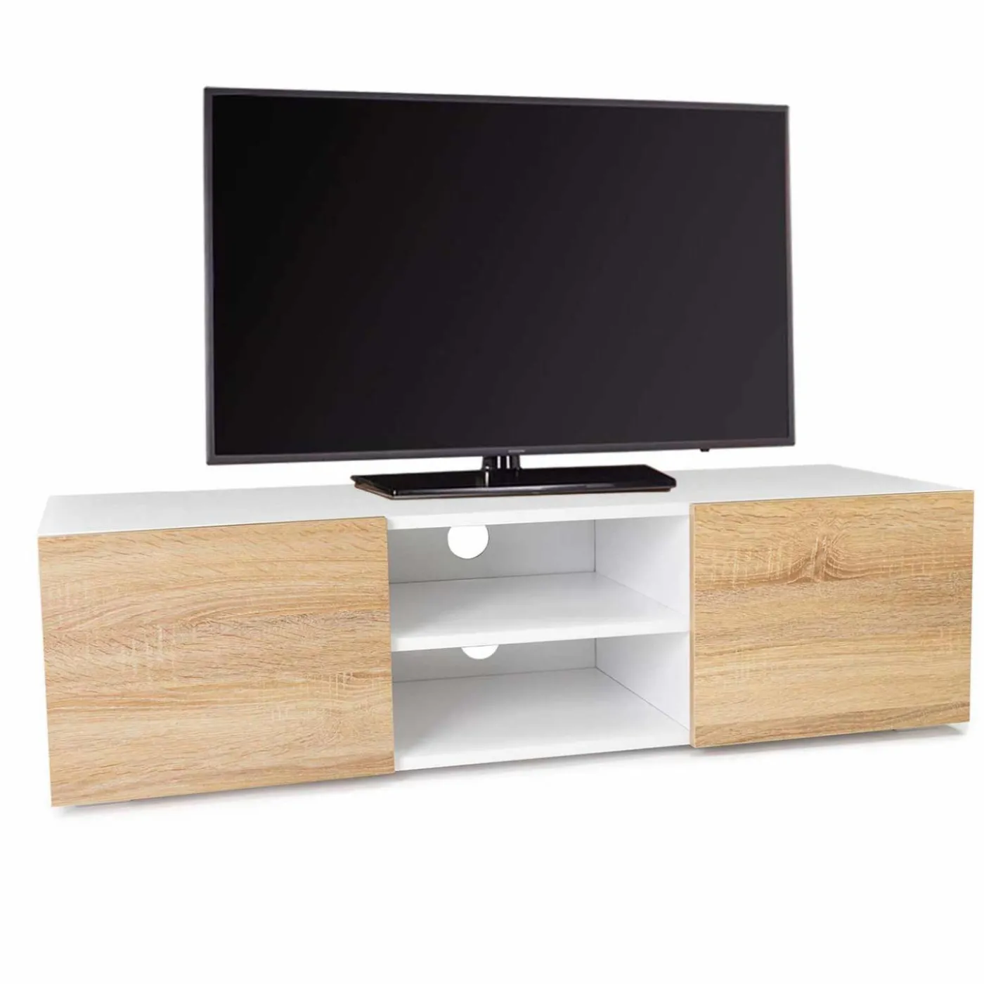 Meuble TV blanc et imitation hêtre