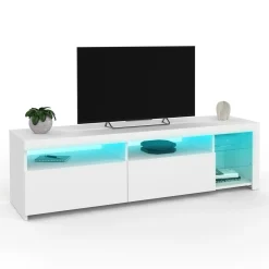 Meuble TV blanc laqué avec étagères en verre et LED