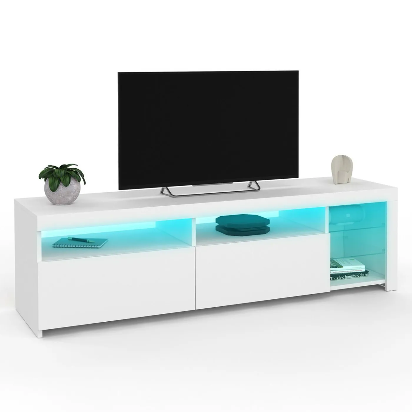 Meuble TV blanc laqué avec étagères en verre et LED