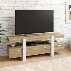 Meuble TV bois et blanc 140 cm avec tiroirs