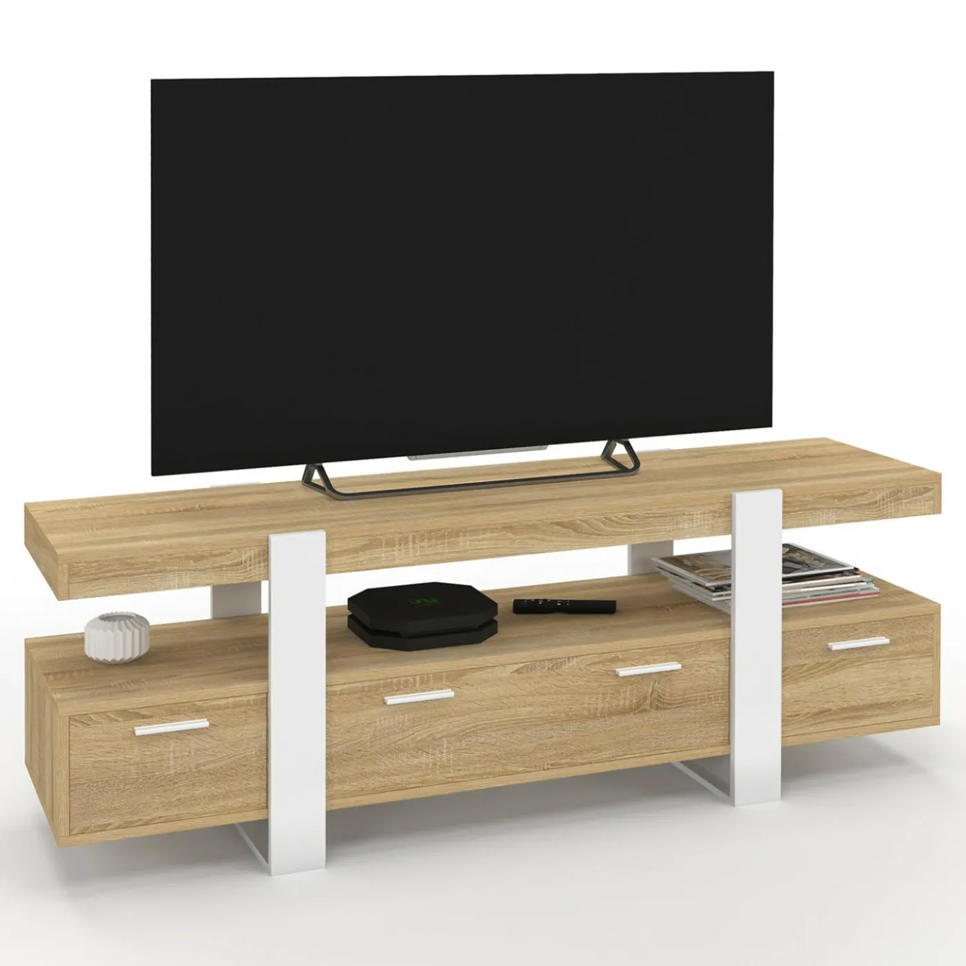 Meuble TV bois et blanc 140 cm avec tiroirs