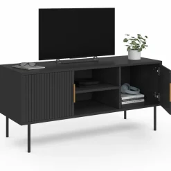 Meuble TV bois noir 110 cm 2 portes effet lattes