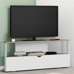 Meuble TV d'angle 100 cm en bois façon hêtre et blanc