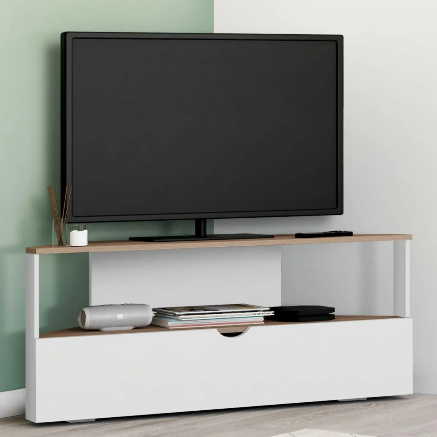 Meuble TV d'angle 100 cm en bois façon hêtre et blanc