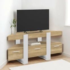 Meuble TV d'angle bois et blanc 110cm avec tiroir
