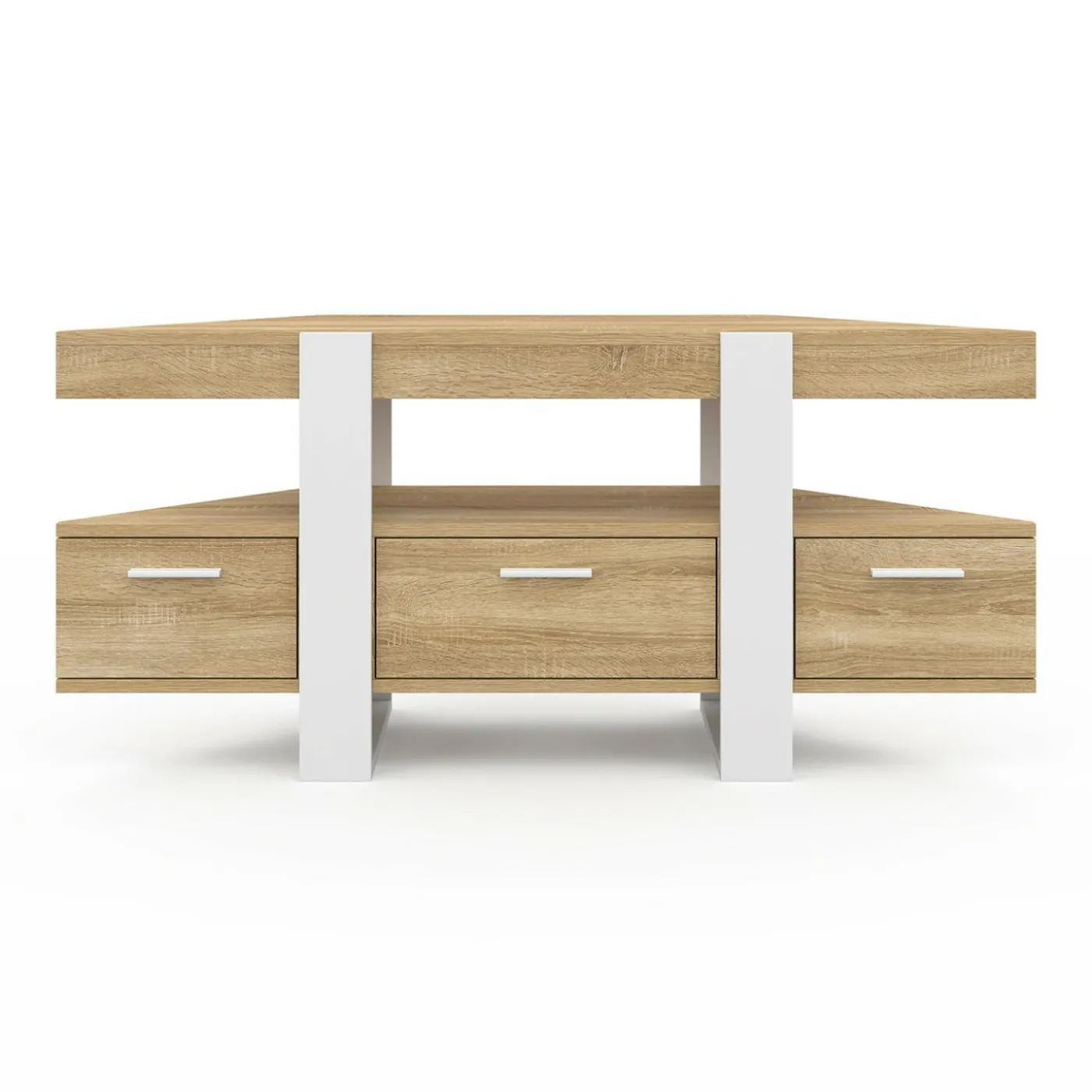 Meuble TV d'angle bois et blanc 110cm avec tiroir