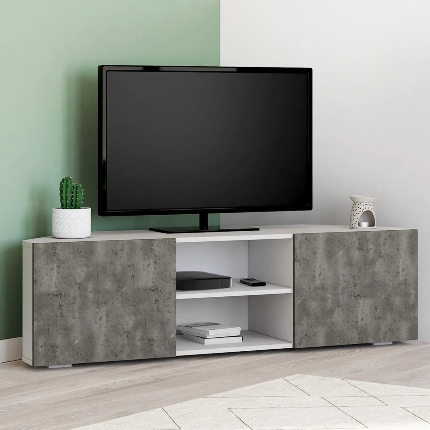 Meuble TV d'angle effet béton et blanc 110 cm