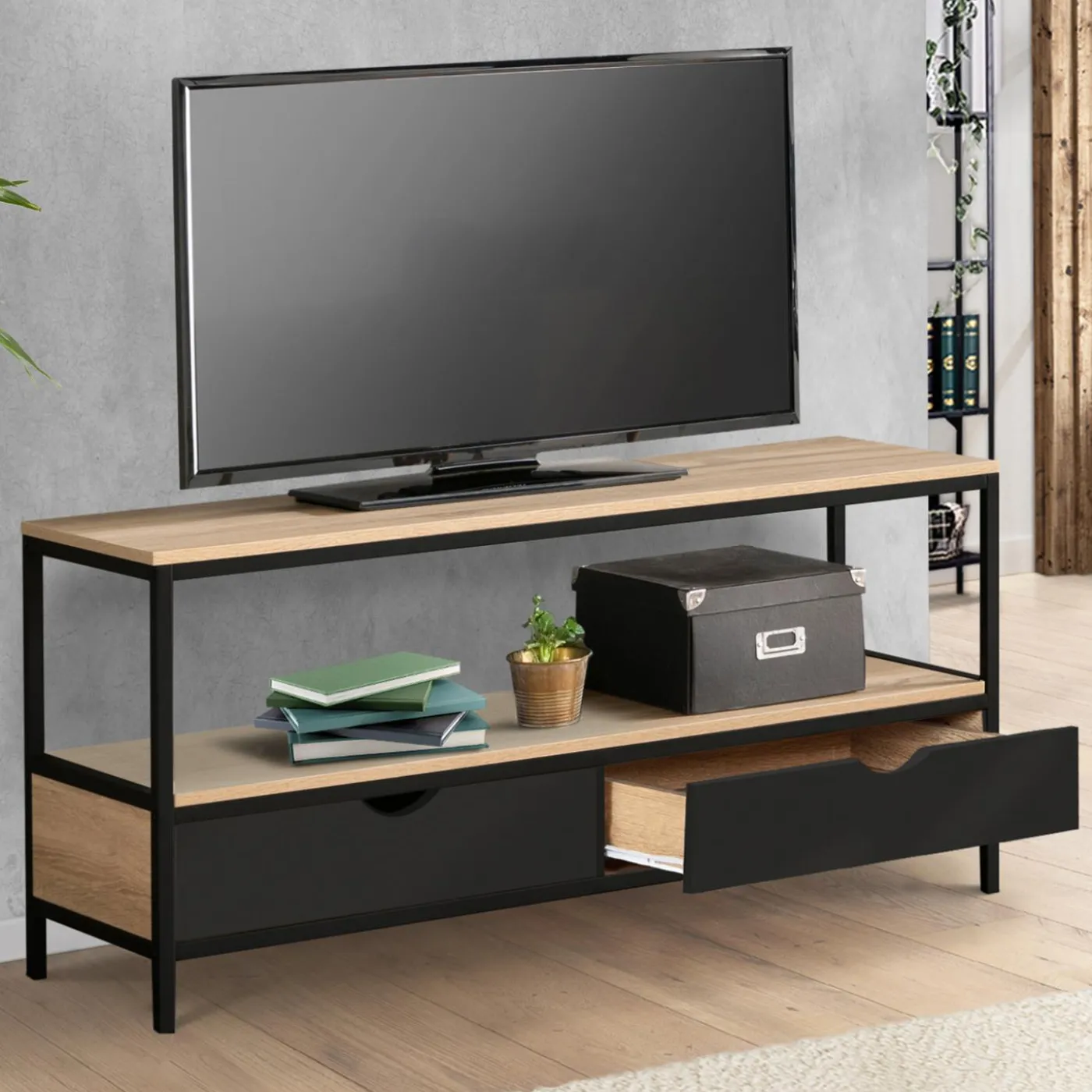 Meuble TV en bois et métal noir 2 tiroirs