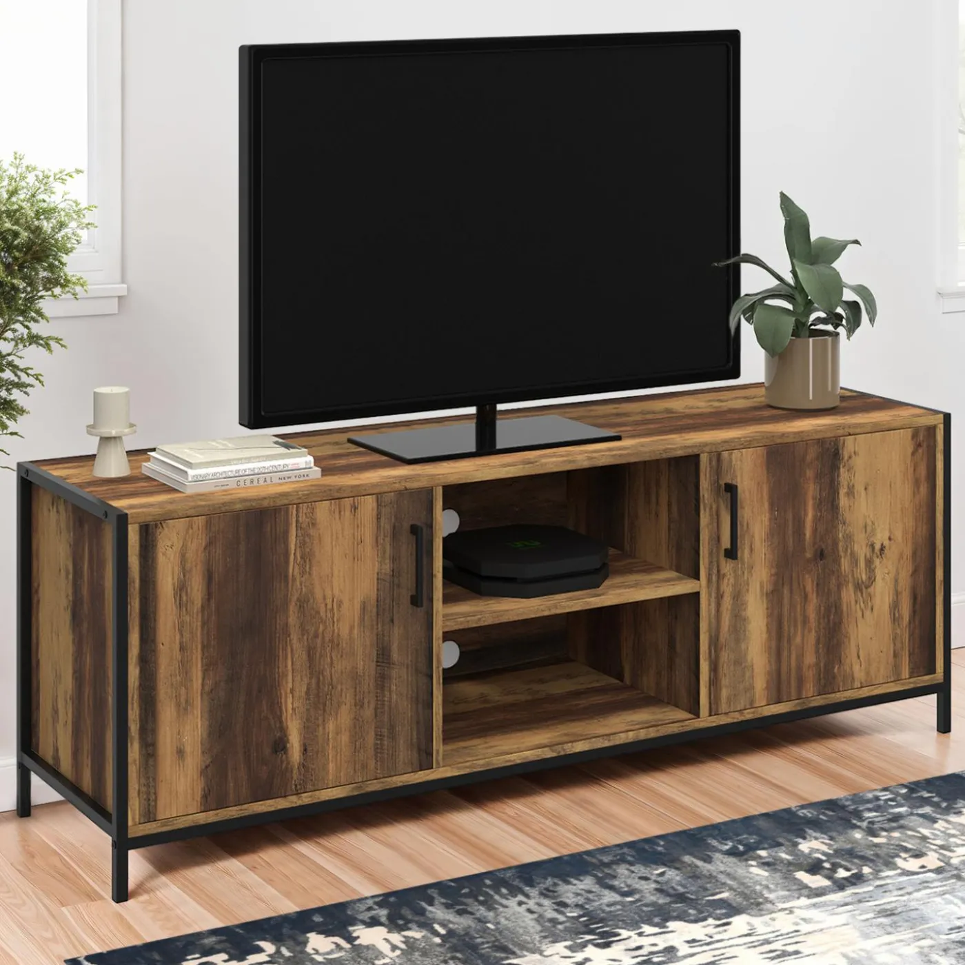 Meuble TV industriel 140 cm bois foncé avec 2 portes