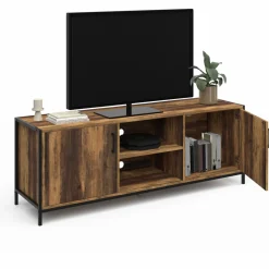 Meuble TV industriel 140 cm bois foncé avec 2 portes