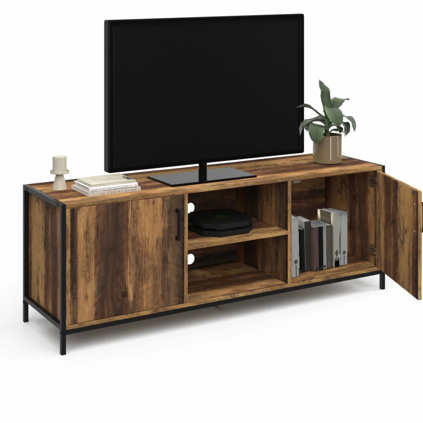 Meuble TV industriel 140 cm bois foncé avec 2 portes