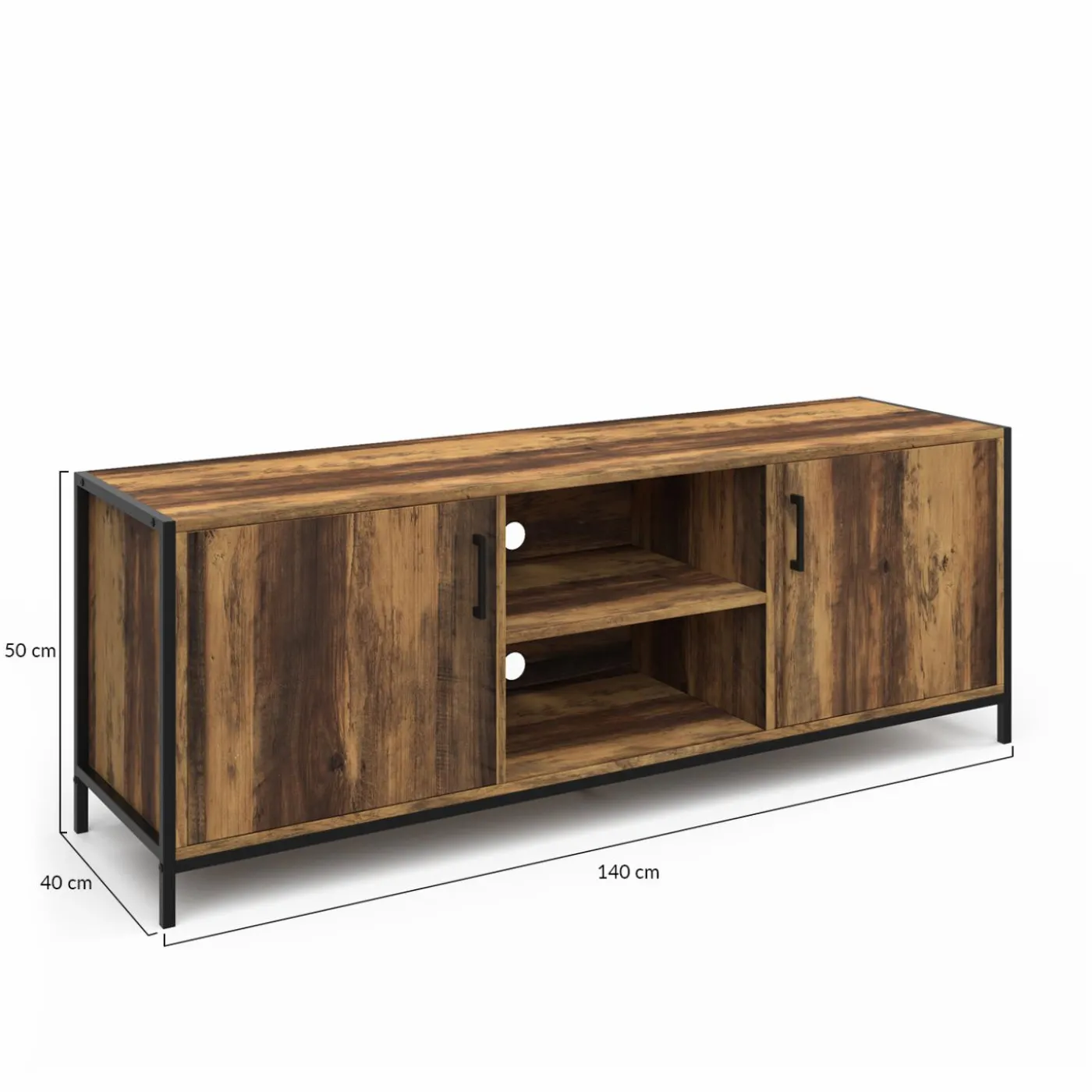 Meuble TV industriel 140 cm bois foncé avec 2 portes
