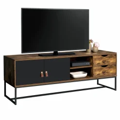 Meuble TV industriel bois et métal 140 cm avec 2 portes et tiroirs