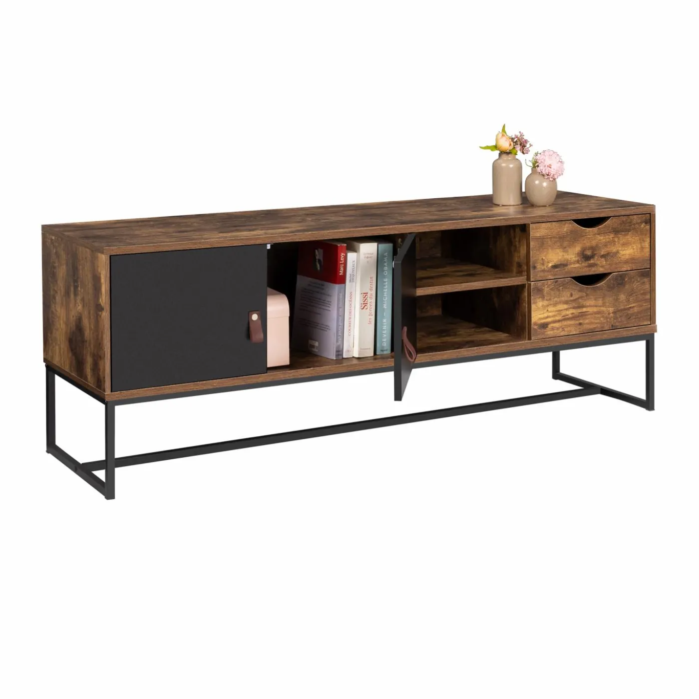 Meuble TV industriel bois et métal 140 cm avec 2 portes et tiroirs