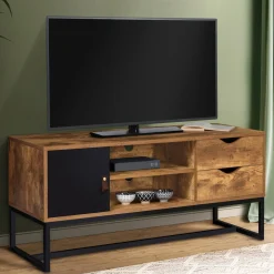 Meuble TV industriel bois métal 2 tiroirs avec placard