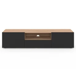 Meuble TV moderne 140cm bois façon hêtre portes noires