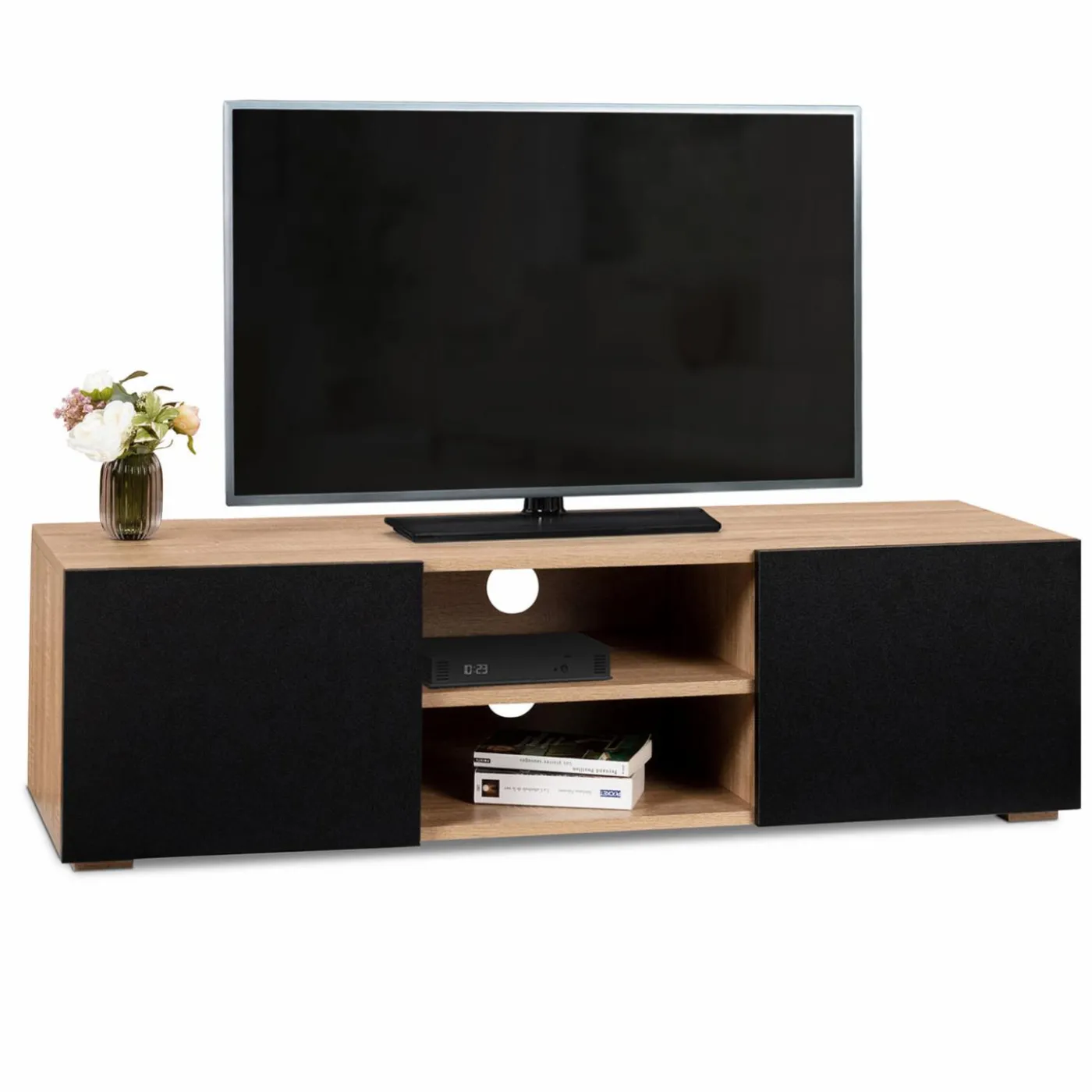 Meuble TV moderne noir et bois 113 cm