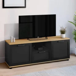 Meuble TV noir et bois 110 cm avec tiroir et niche