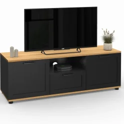 Meuble TV noir et bois 110 cm avec tiroir et niche